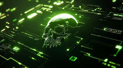 Glowing skull on digital circuit board.
