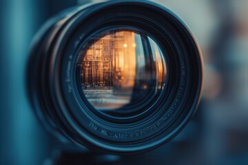 Close-up of camera lens reflecting cityscape at sunset. (1)