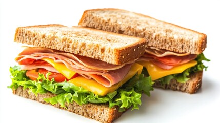 Two delicious ham and cheese sandwiches on whole wheat bread with lettuce and tomato. Perfect for menus, food blogs, or advertising healthy lunch options.