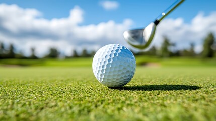 Obraz premium A close-up shot of a golfer in mid-swing, with dynamic motion captured as the golf ball soars into the sky. The background features a beautifully maintained green, enhancing the sense of skill and