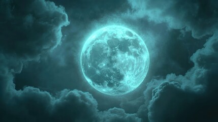 Obraz premium A luminous full moon surrounded by dark, swirling clouds in a night sky.