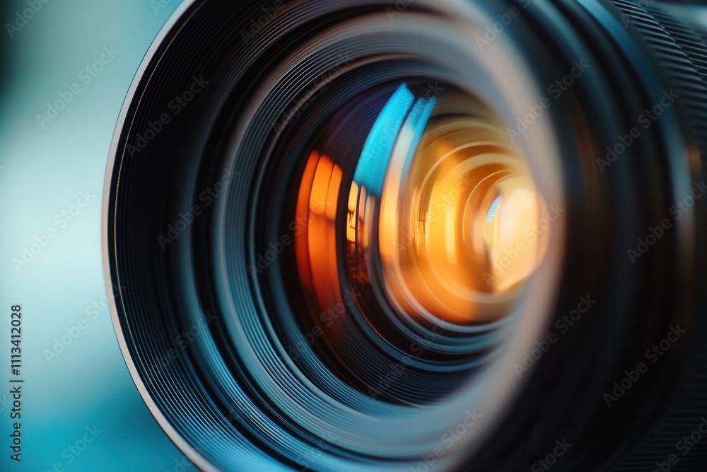 Poster close-up of camera lens with bokeh effect.