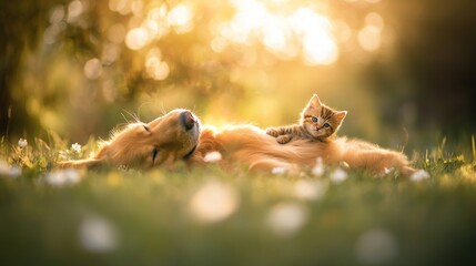 Obraz premium A golden retriever and a kitten peacefully resting together in a sunlit meadow.