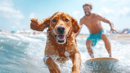 An action-packed image of a dog surfing alongside its owner, both enjoying a day at the beach. The photograph conveys fun and companionship, with clear blue skies and crashing waves in the
