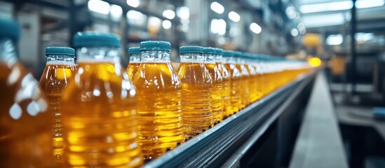 Close-up of a conveyor belt with rows of clear plastic bottles filled with orange juice being moved along the line at a factory.