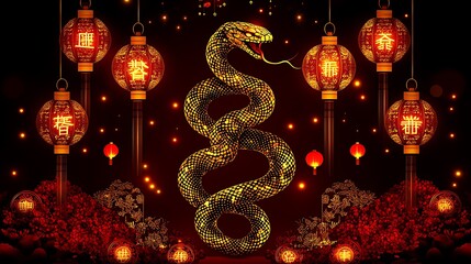 Golden snake amidst red lanterns and flowers, Chinese New Year.