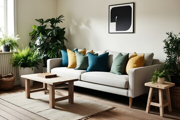 Light beige sofa with teal, olive, and mustard pillows in a bright living room with plants and wooden coffee table.