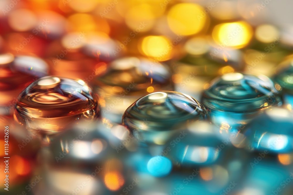Poster close-up of colorful translucent spheres with bokeh effect.