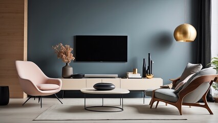 Modern TV, chair, and décor in a stylish space