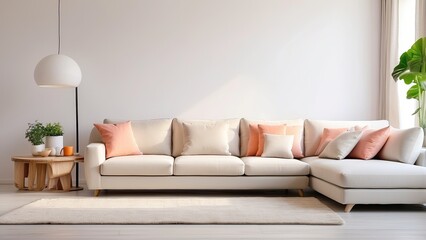 The interior of a bright and comfortable modern living room with a white wall background, a sofa, and a light.