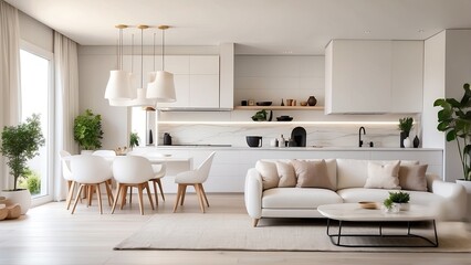 elegant interior design with a white kitchen and living room. The inside is open.