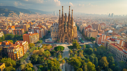 Aerial View of Barcelona with Sagrada Familia and La Rambla
