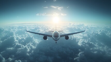 Naklejka premium Airplane taking off at airport under a bright sky aerial view of clouds and horizon