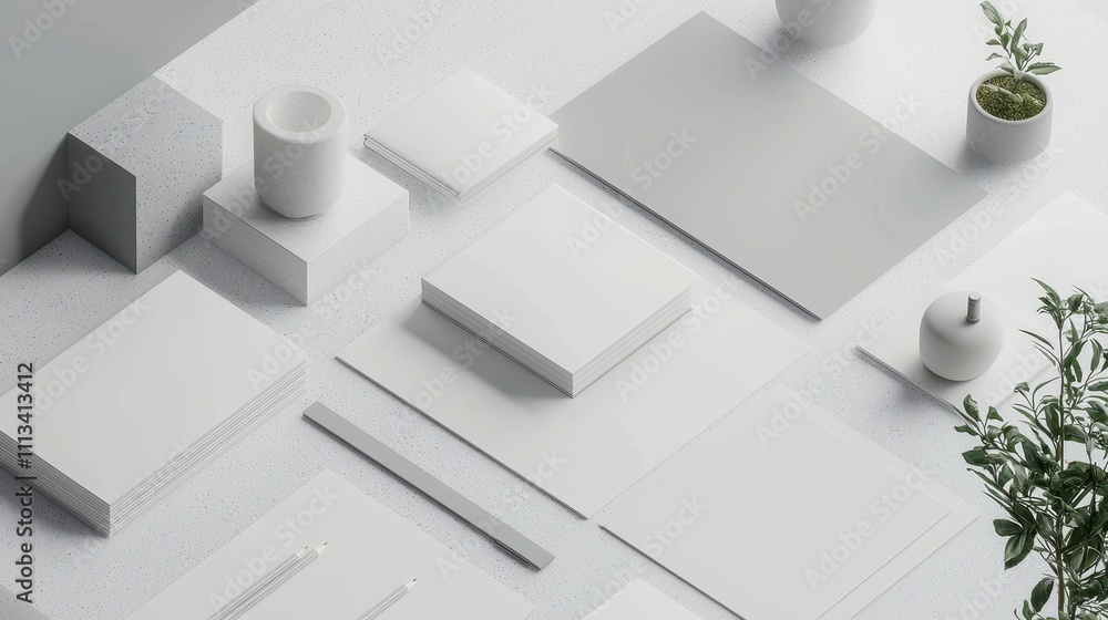 Aufkleber minimalist clean mockup presentation with sharp graphic elements and fresh greenery