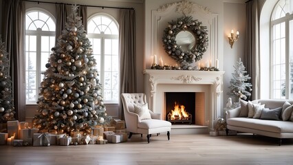 Beautiful Christmas tree and ornamental fireplace in a chic environment