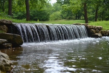 Serene waterfall flows through tranquil green park.