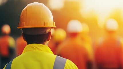 A construction worker in a yellow safety helmet and jacket stands with colleagues, silhouetted against a bright, warm sunset.