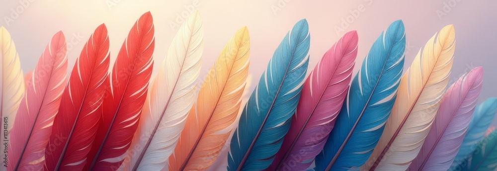 Poster A colorful array of feathers with a blue feather in the middle
