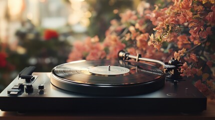 Obraz premium Turntable Vinyl Record Player Music Flowers Springtime Audiophile Relaxation