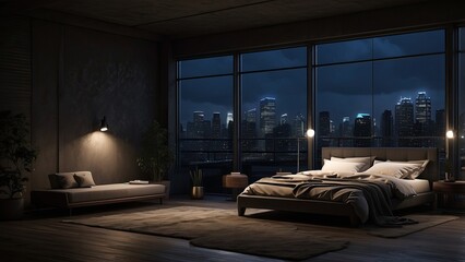 gloomy, dark loft bedroom at night, A room where the bed overlooks the city