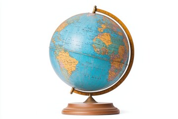 Vintage Globe with Brass Stand Against White Background