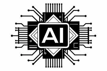 AI Circuit Microchip Design - Modern Technology Concept in Black and White. Artificial intelligence AI pictogram.