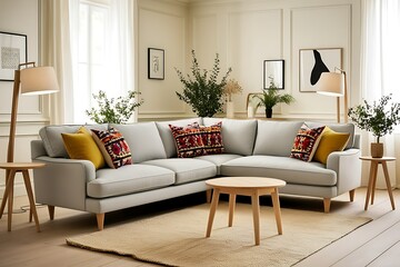 Light grey corner sofa in a bright living room with wooden coffee table, floor lamp, and patterned cushions.