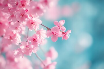 Close-up of delicate pink cherry blossoms against a blurred teal sky.