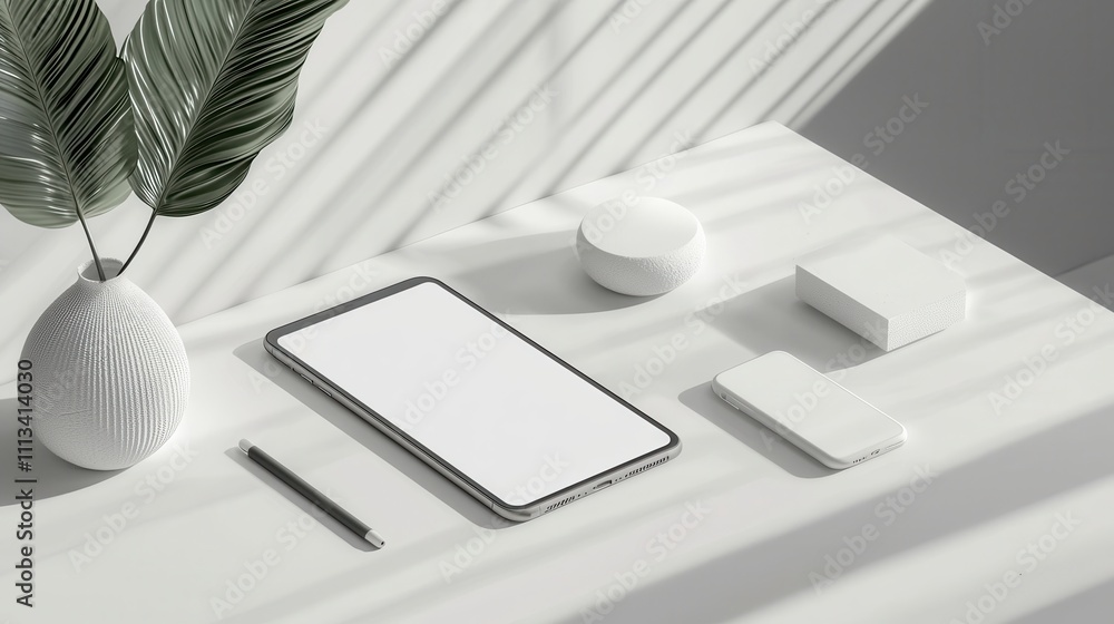Poster minimalistic workspace mockup with clean design and modern elements in bright lighting
