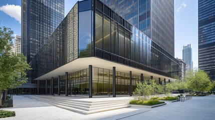 Modern glass building with landscaped surroundings