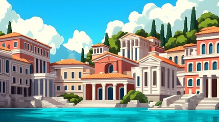 Obraz premium Exploring ancient architectural wonders coastal city digital art vibrant environment panoramic view cultural heritage