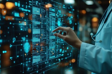 Fototapeta premium Doctor using digital tablet to review patient medical records on virtual screens for effective healthcare diagnosis and treatment