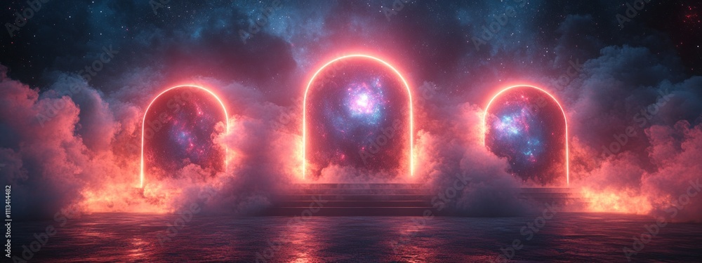 Poster Futuristic Portal Scene with Glowing Circular Portals and Cosmic Background