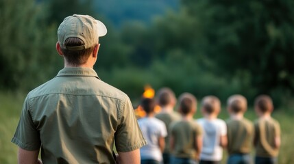 A leader observes a group of children around a campfire in a natural setting, highlighting teamwork and adventure.