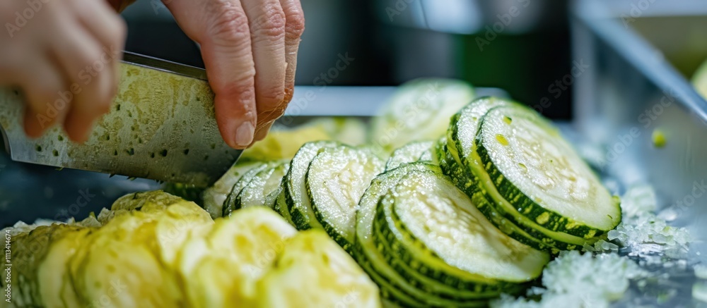 Poster a hand slices green zucchini with a knife. the zucchini is on a metal tray, with a large pile in the