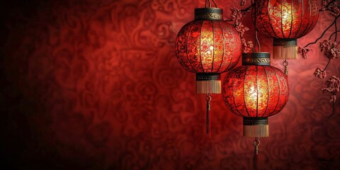Obraz premium Vibrant red Chinese lanterns against a richly detailed crimson background, perfect for Chinese New Year or festive celebrations, with ample copy space for promotional text.