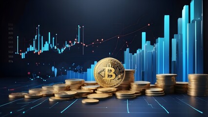 A 3D coin background with a blue investment bar and financial graph that highlights market expansion and success using currency and technology reports. AI that is generative