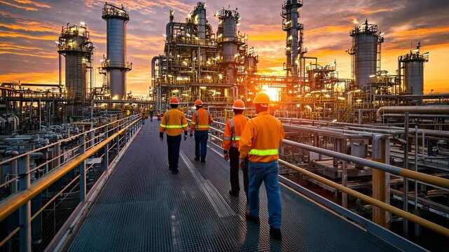 Industrial workers showcase teamwork at sunset in refinery, highlighting oil production.