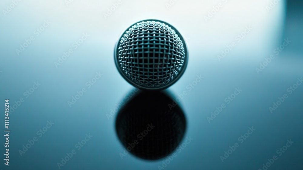 Poster a close-up of a microphone on a reflective surface, emphasizing its design and function.
