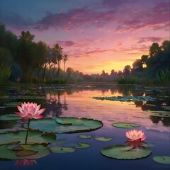 Serene Sunset Over Water Lilies And Palms