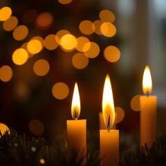 A Close-up Picture Christmas Candles burning at night, Candles Burning in the Dark, 