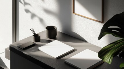 Clean and Modern Workspace Design with Natural Light and Greenery for Creative Projects