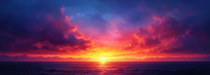 Vibrant Sunset Sky with Swirling Clouds in Purple and Orange Warm Glow Horizon