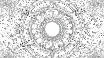 Mystical zodiac wheel coloring book, Mystical Zodiac Wheel with Astrological Symbols