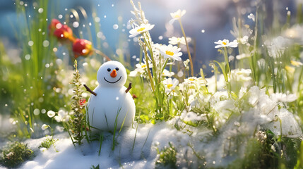 Obraz premium Snowman on a meadow with grass and spring flowers growing through the melting snow. Concept of spring coming and winter leaving.