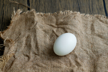 A fresh white egg, still warm from the hen, is nestled on a rustic burlap sack.
