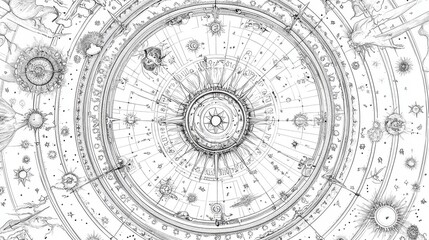Mystical zodiac wheel coloring book, Mystical Zodiac Wheel with Astrological Symbols