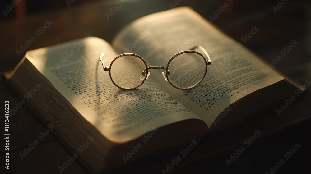 Poster a pair of glasses resting on an open book, illuminated by soft light.