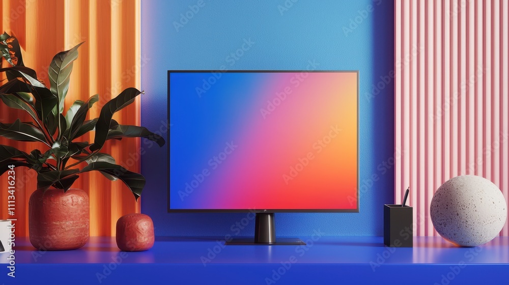 Poster elegant mockup design featuring a colorful gradient background with modern decor elements