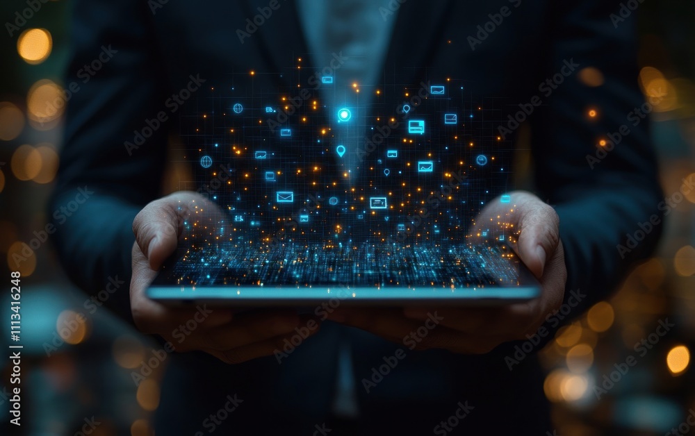 Poster businessman holding tablet with saas icons in cloud computing technology concept